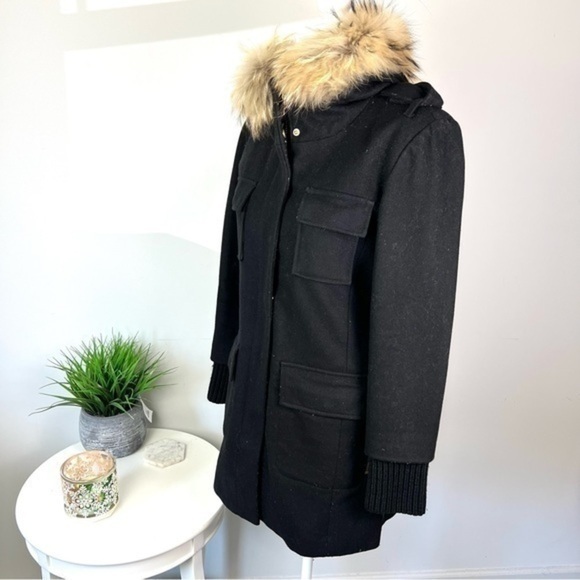 SAM Parka Womens size small Black Campus Jacket Wool Blend Hooded Fur Collar - Picture 4 of 15